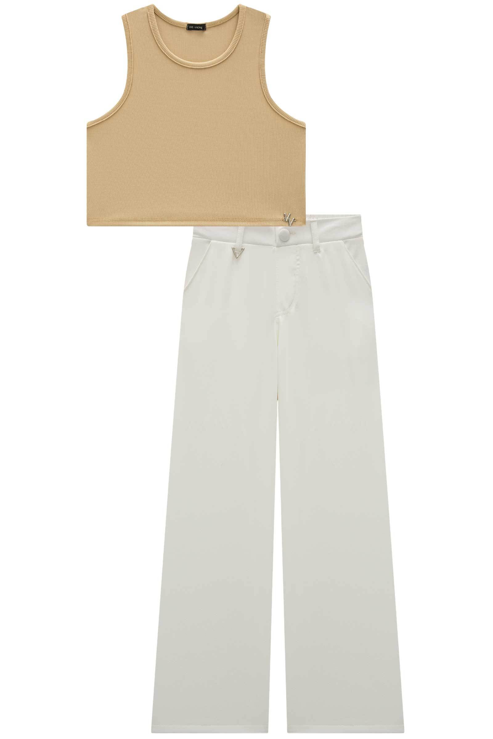 Conjunto de Top Cropped em Ribana Fancy e Calça em Alfaiataria