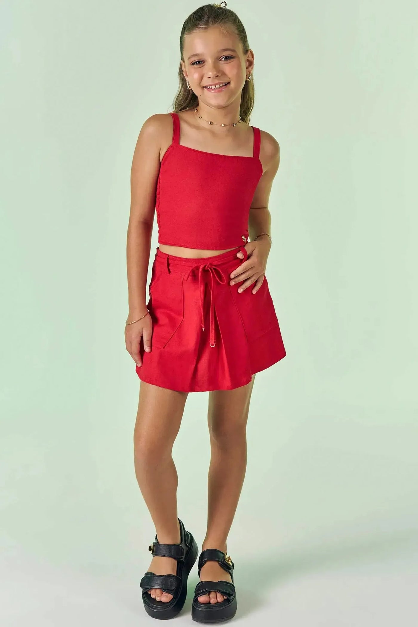 Conjunto de Blusa Cropped e Short Saia em Blend de Linho com Elastano 86689 Vic&Vicky Teen Menina