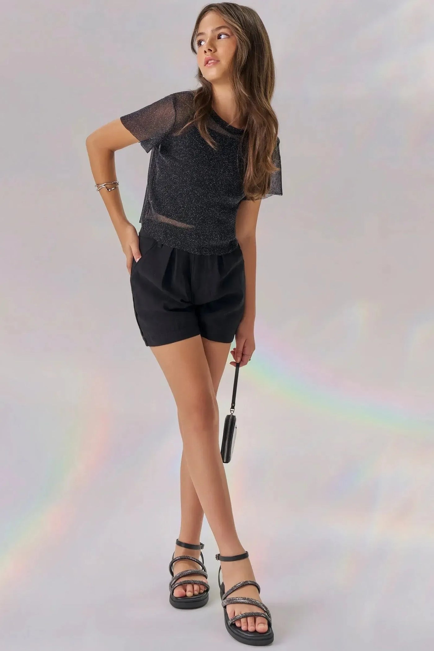 Blusa Boxy Sobreposição em Tule Brilho e Top Cropped em Ribana 86905 Vic&Vicky Teen Menina