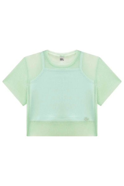 Blusa Boxy Sobreposição em Tule Brilho e Top Cropped em Ribana 86905 Vic&Vicky Teen Menina