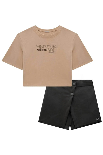 Conjunto Teen Menina Blusa Boxy Over em Meia Malha e Short Saia em Suede Twill 81985 Vic&Vicky