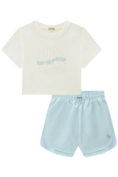 Conjunto de Blusa Boxy em Meia Malha e Shorts em Nylon com Biker em Canelado Liz 87099 Vic&Vicky Teen Menina