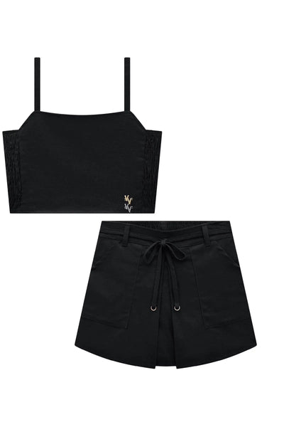 Conjunto de Blusa Cropped e Short Saia em Blend de Linho com Elastano 86689 Vic&Vicky Teen Menina