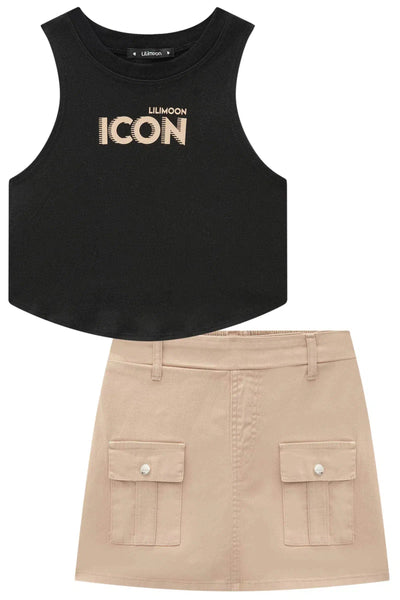 Conjunto Teen Menina de Blusa Cropped em Canelado e Short Saia em Sarja com Elastano 81745 Lilimoon