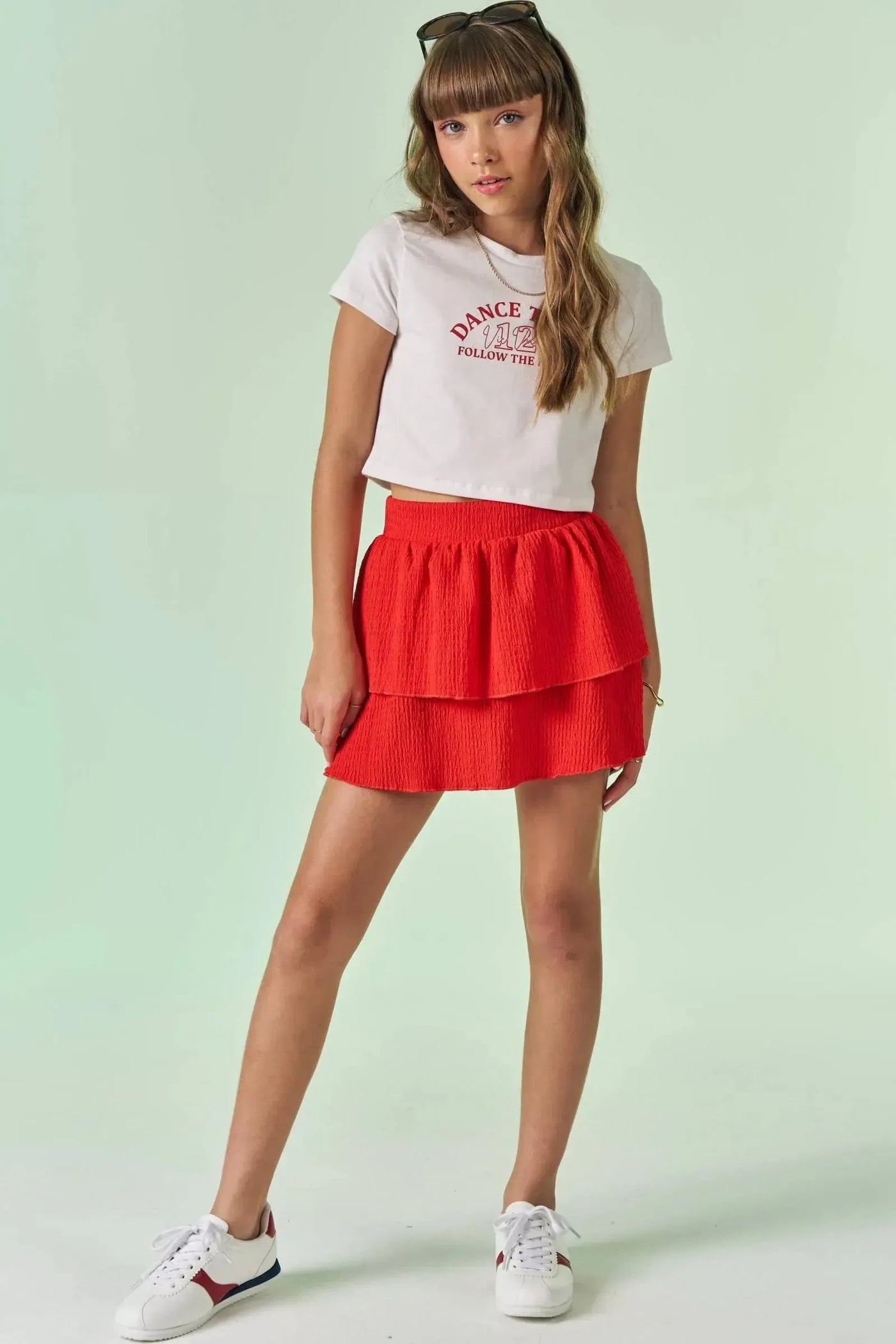 Conjunto de Blusa Cropped em Cotton e Saia Ruffles em Malha Texturizada 86728 Vic&Vicky Teen Menina