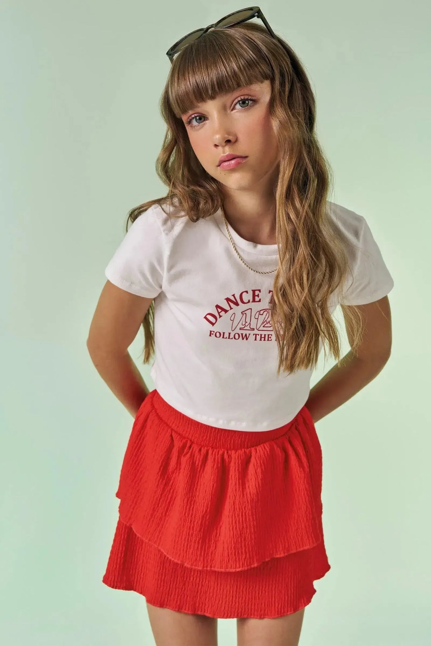 Conjunto de Blusa Cropped em Cotton e Saia Ruffles em Malha Texturizada 86728 Vic&Vicky Teen Menina