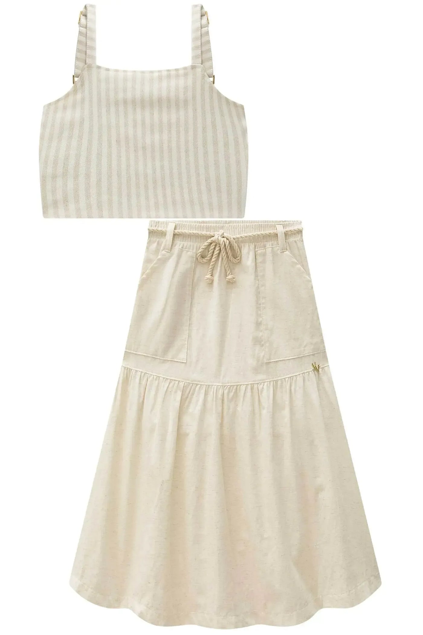 Conjunto de Blusa Cropped em Linho Fio Tinto e Saia New Midi em Linho Delux 86738 Vic&Vicky Teen Menina