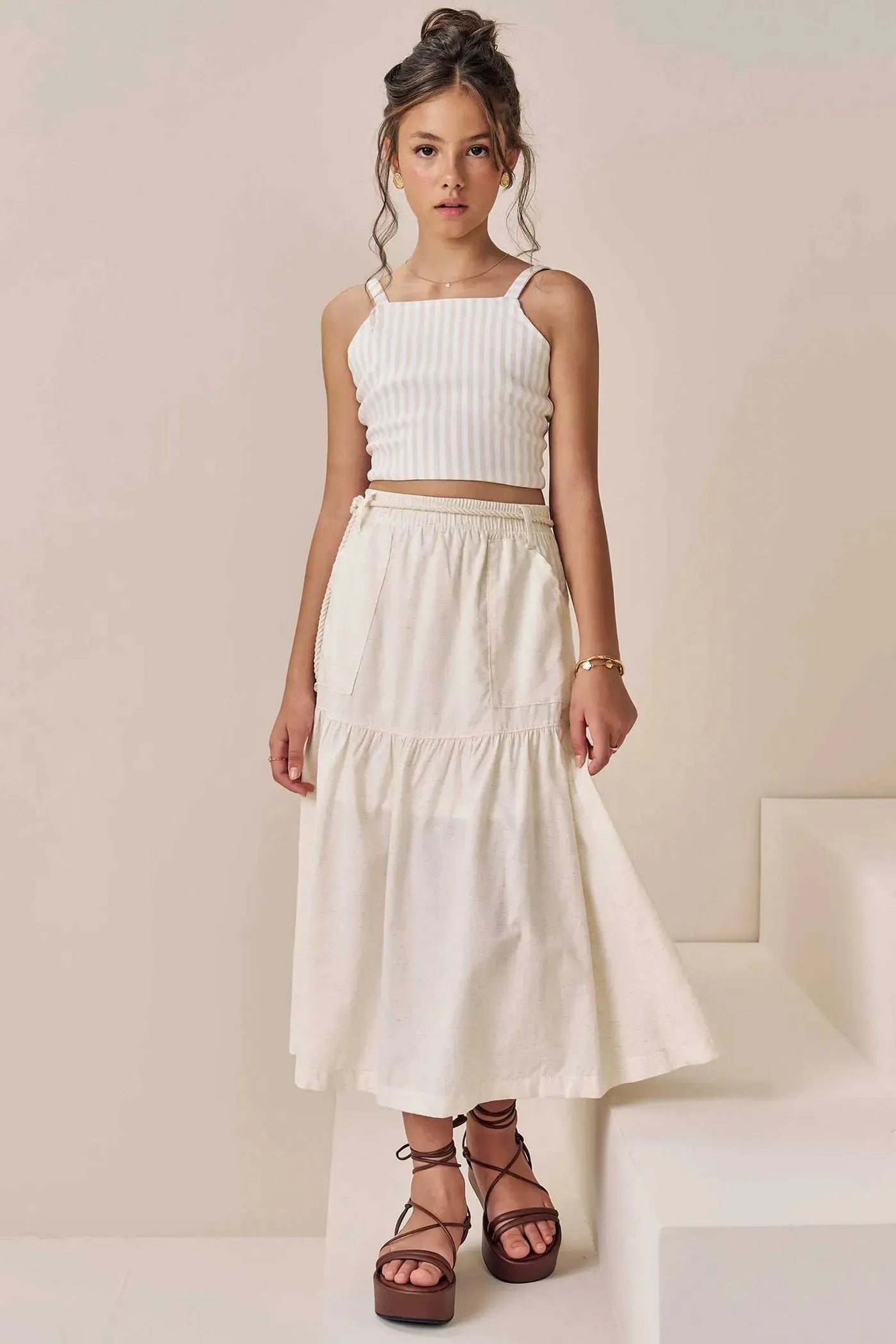 Conjunto de Blusa Cropped em Linho Fio Tinto e Saia New Midi em Linho Delux 86738 Vic&Vicky Teen Menina