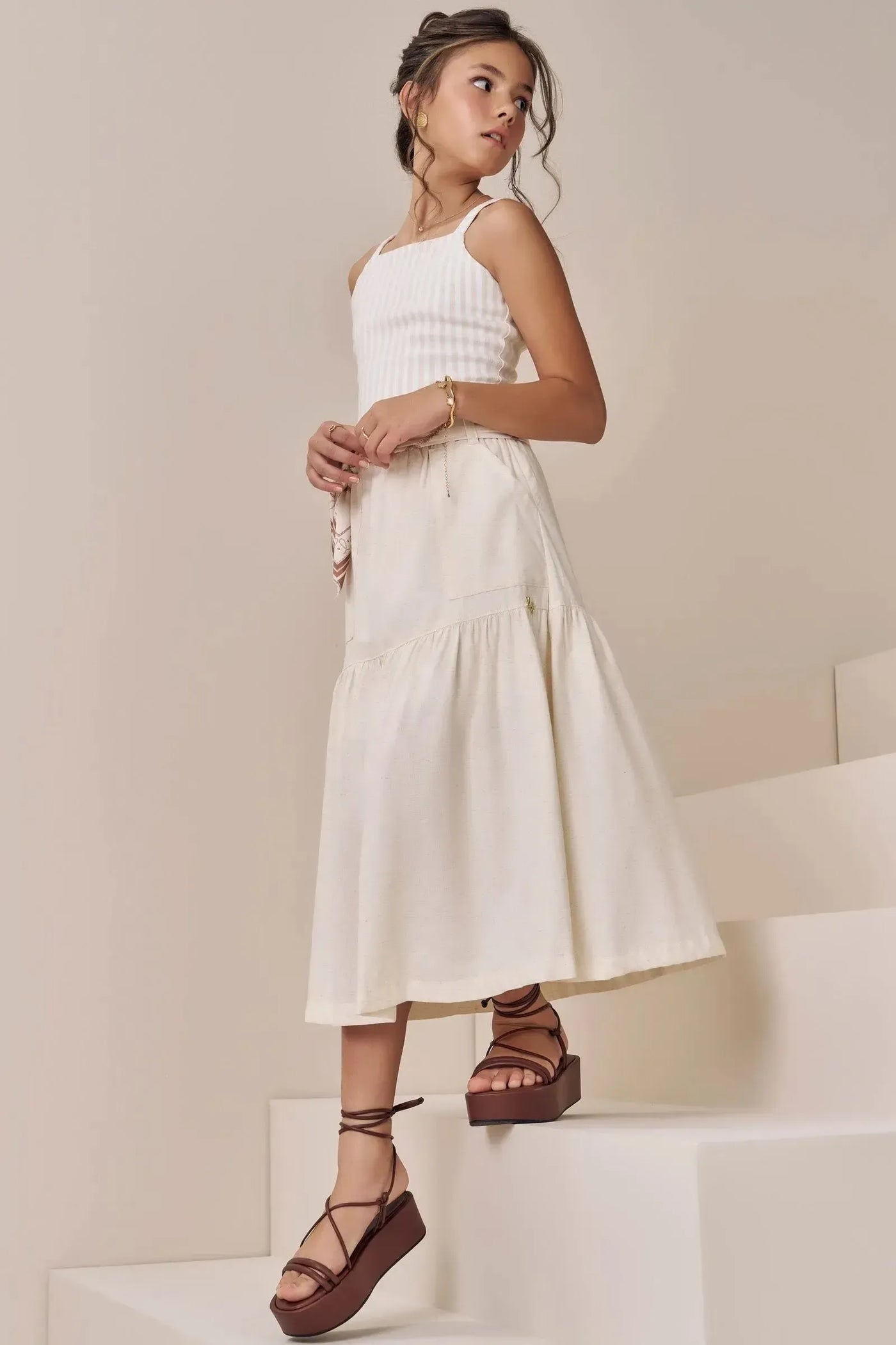 Conjunto de Blusa Cropped em Linho Fio Tinto e Saia New Midi em Linho Delux 86738 Vic&Vicky Teen Menina