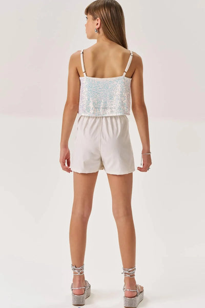 Conjunto de Blusa Cropped em Paetê e Shorts em Alfaiataria Tecno Cargo 86681 Vic&Vicky Teen Menina