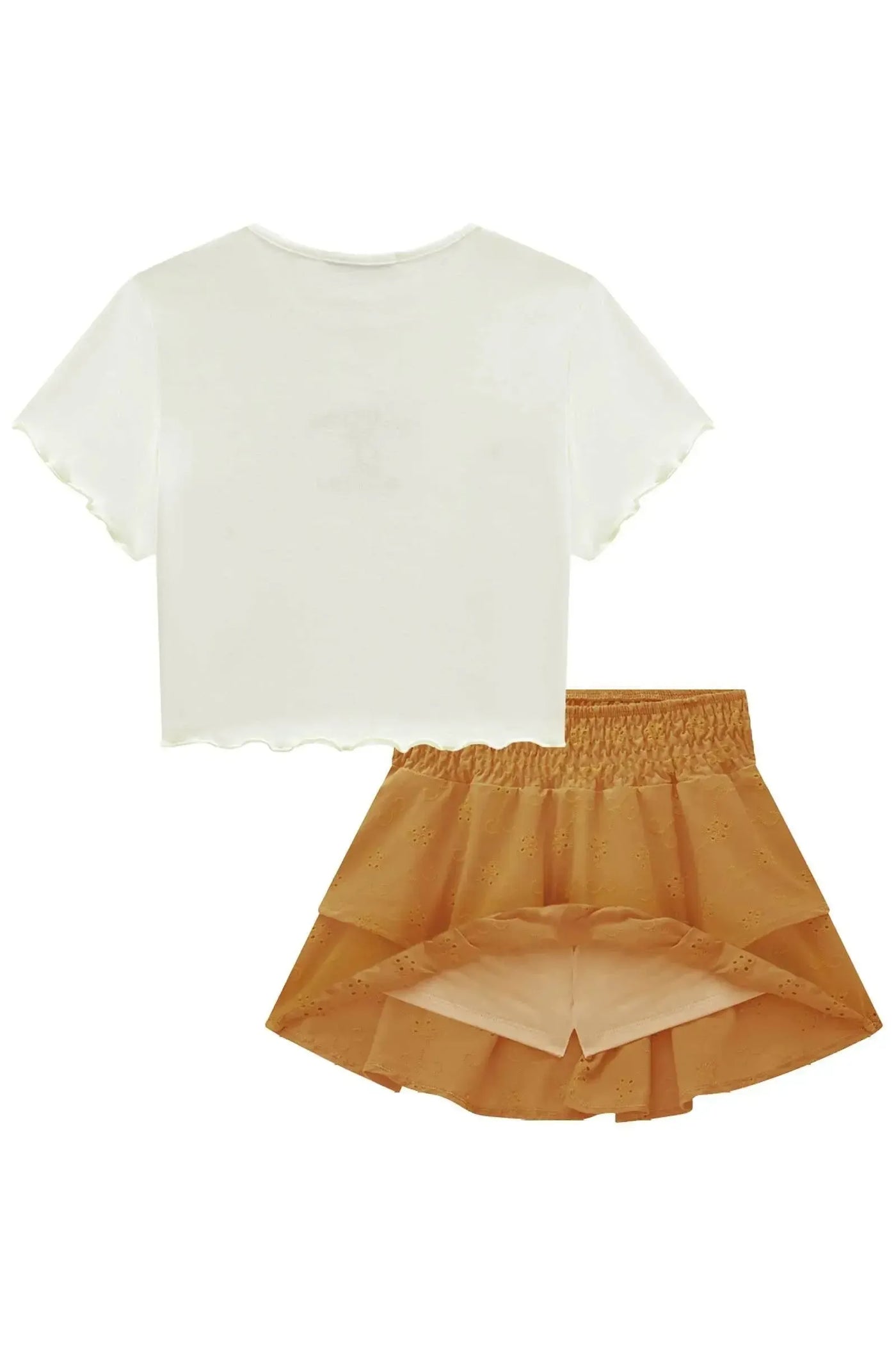 Conjunto de Blusa Cropped em Ribana 1x1 e Saia em Laise Tiffany com Shorts Embutido 87756 Lilimoon Teen Menina