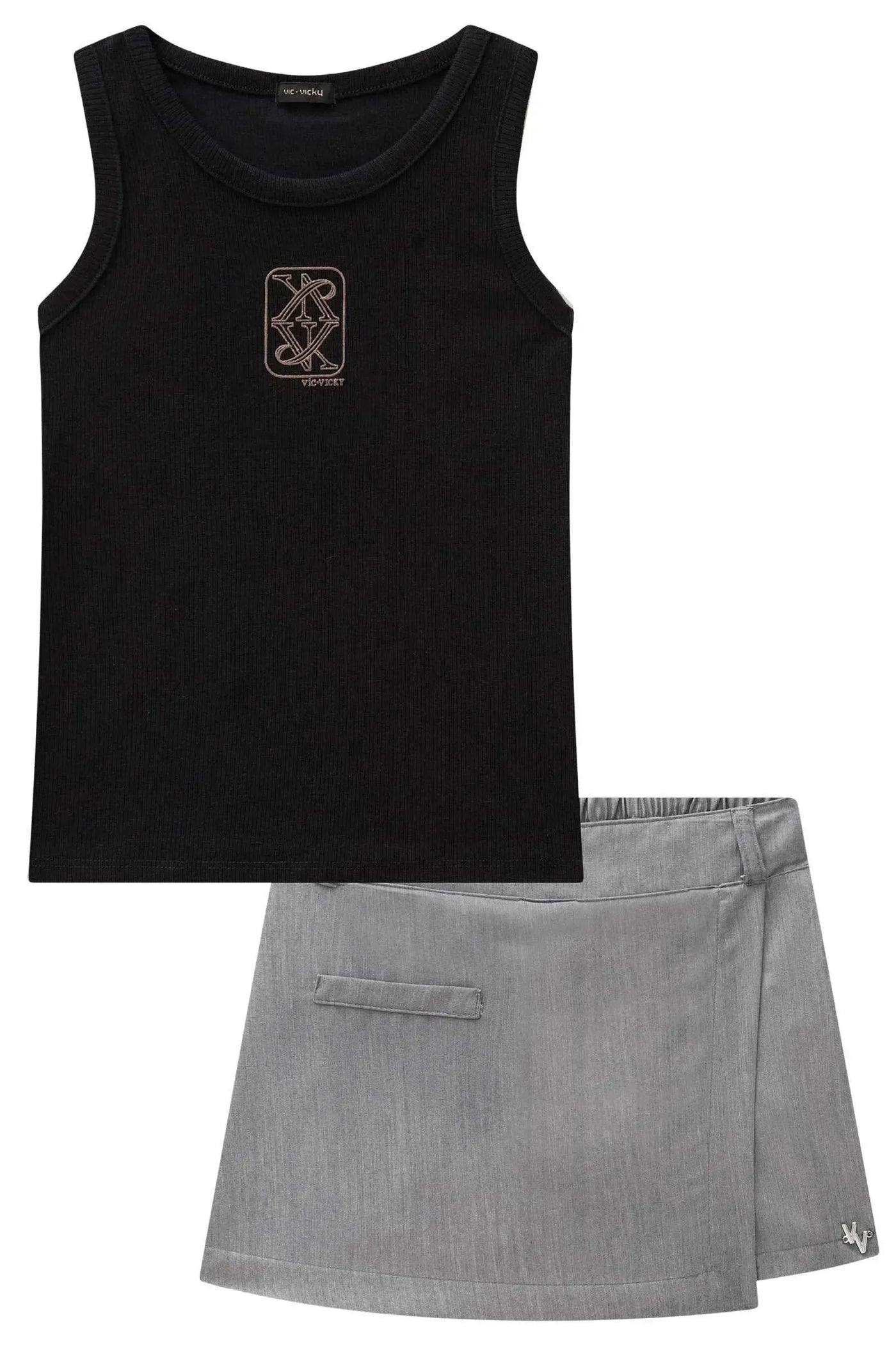 Conjunto de Blusa em Canelado Liz e Short Saia em Blend de Vicose Sarjada 86708 Vic&Vicky Teen Menina
