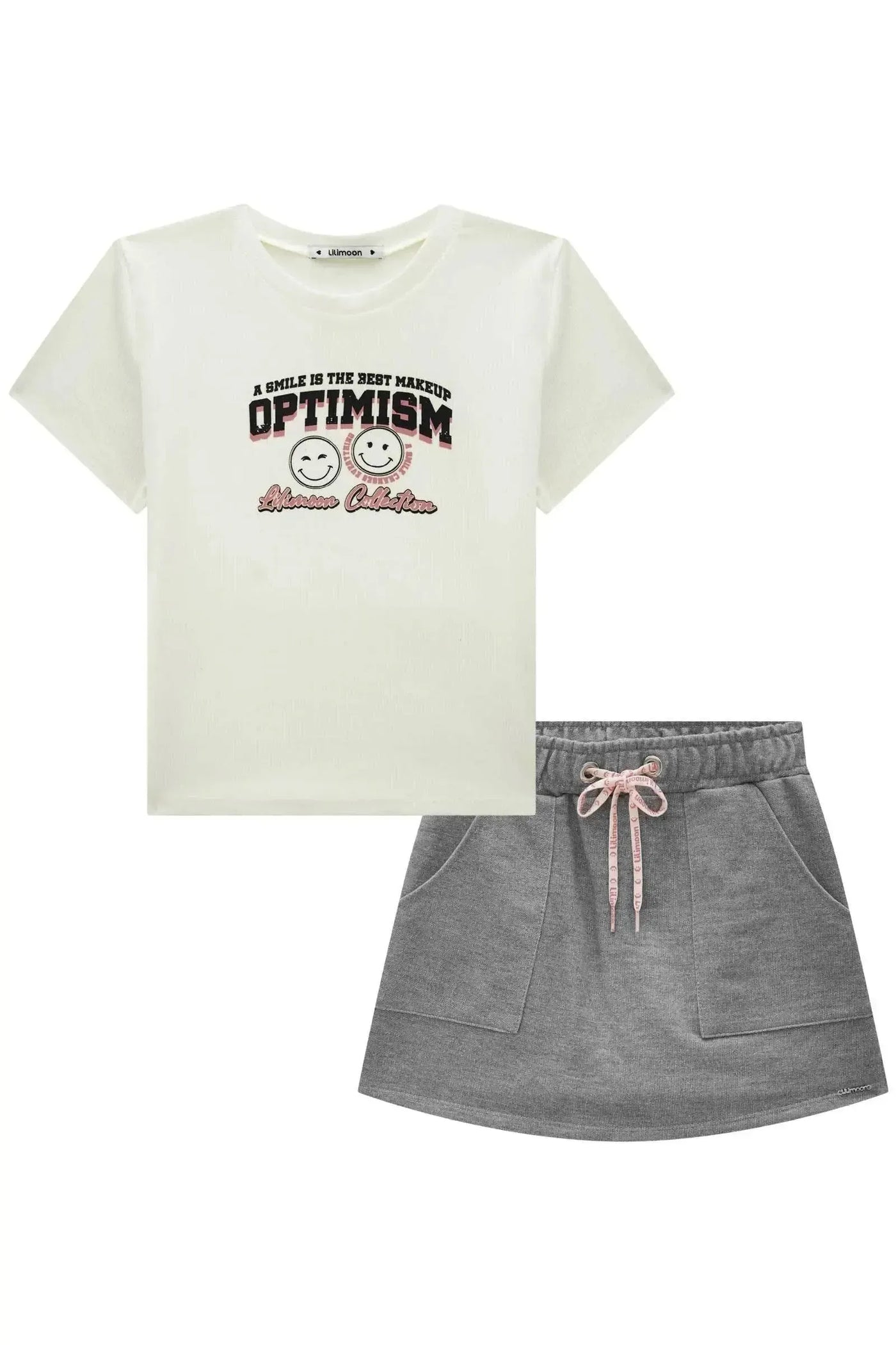 Conjunto de Blusa em Canelado Liz e Short Saia em Moletom sem Pelúcia 87210 Lilimoon Teen Menina