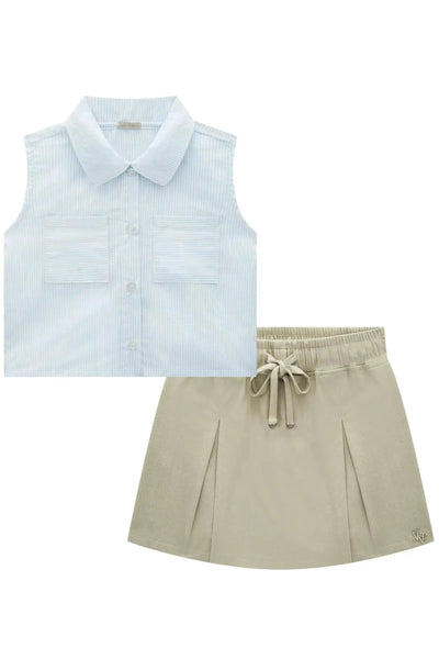 Conjunto de Camisa Boxy em Tricoline e Short Saia em Sarja com Elastano 87274 Vic&Vicky Teen Menina