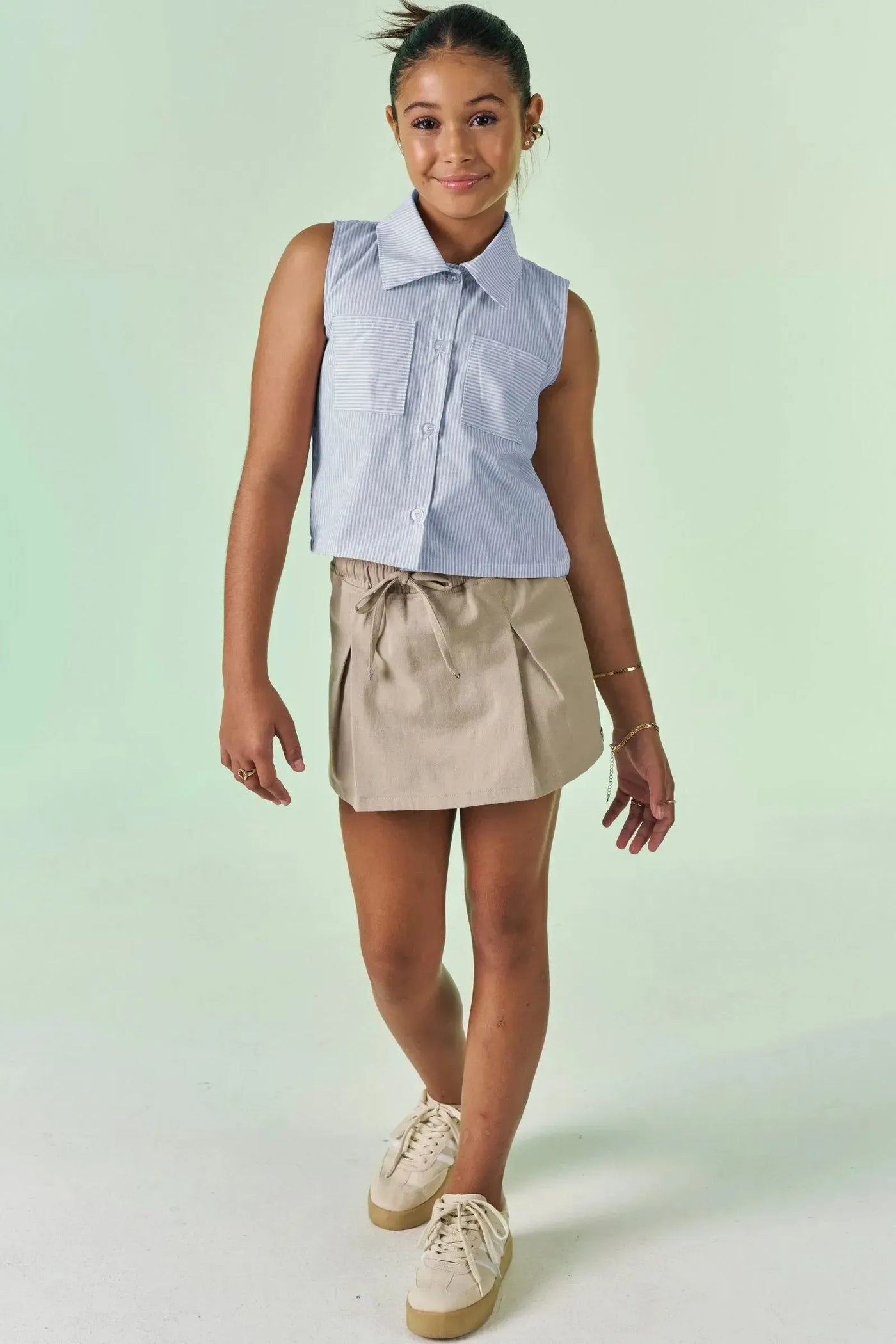 Conjunto de Camisa Boxy em Tricoline e Short Saia em Sarja com Elastano 87274 Vic&Vicky Teen Menina