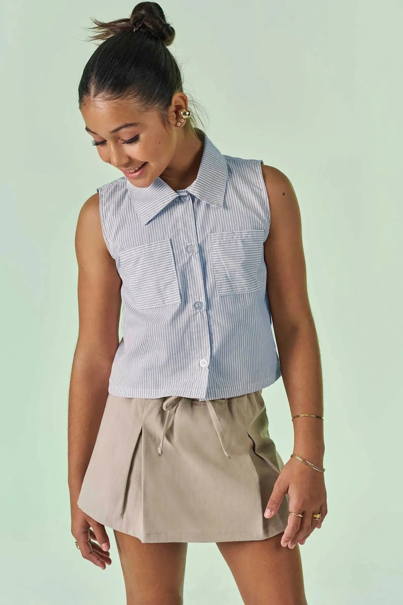 Conjunto de Camisa Boxy em Tricoline e Short Saia em Sarja com Elastano 87274 Vic&Vicky Teen Menina