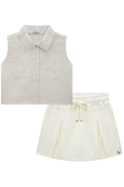 Conjunto de Camisa Boxy em Tricoline e Short Saia em Sarja com Elastano 87274 Vic&Vicky Teen Menina