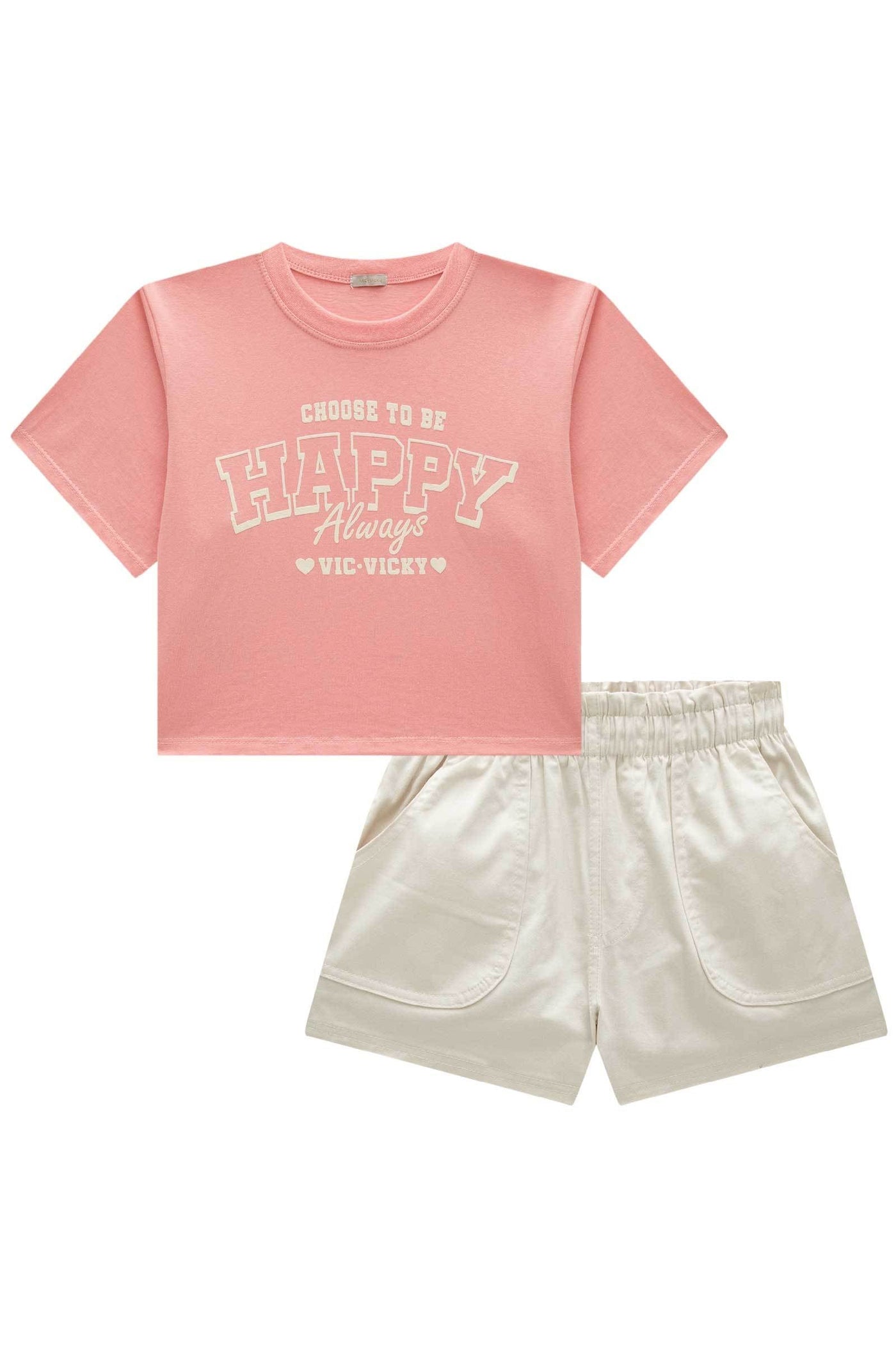 Conjunto de Camiseta Boxy Over em Meia Malha e Shorts em Sarja com Elastano 85193 Vic&Vicky Teen Menina
