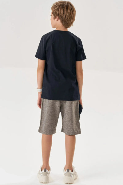 Conjunto de Camiseta em Meia Malha e Bermuda em Sarja Melange com Elastano 87655 Johnny Fox Teen Menino