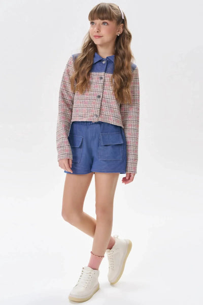 Conjunto de Jaqueta Cropped e Shorts em Tweed e Malha Denim 80706 Vic&Vicky Teen Menina