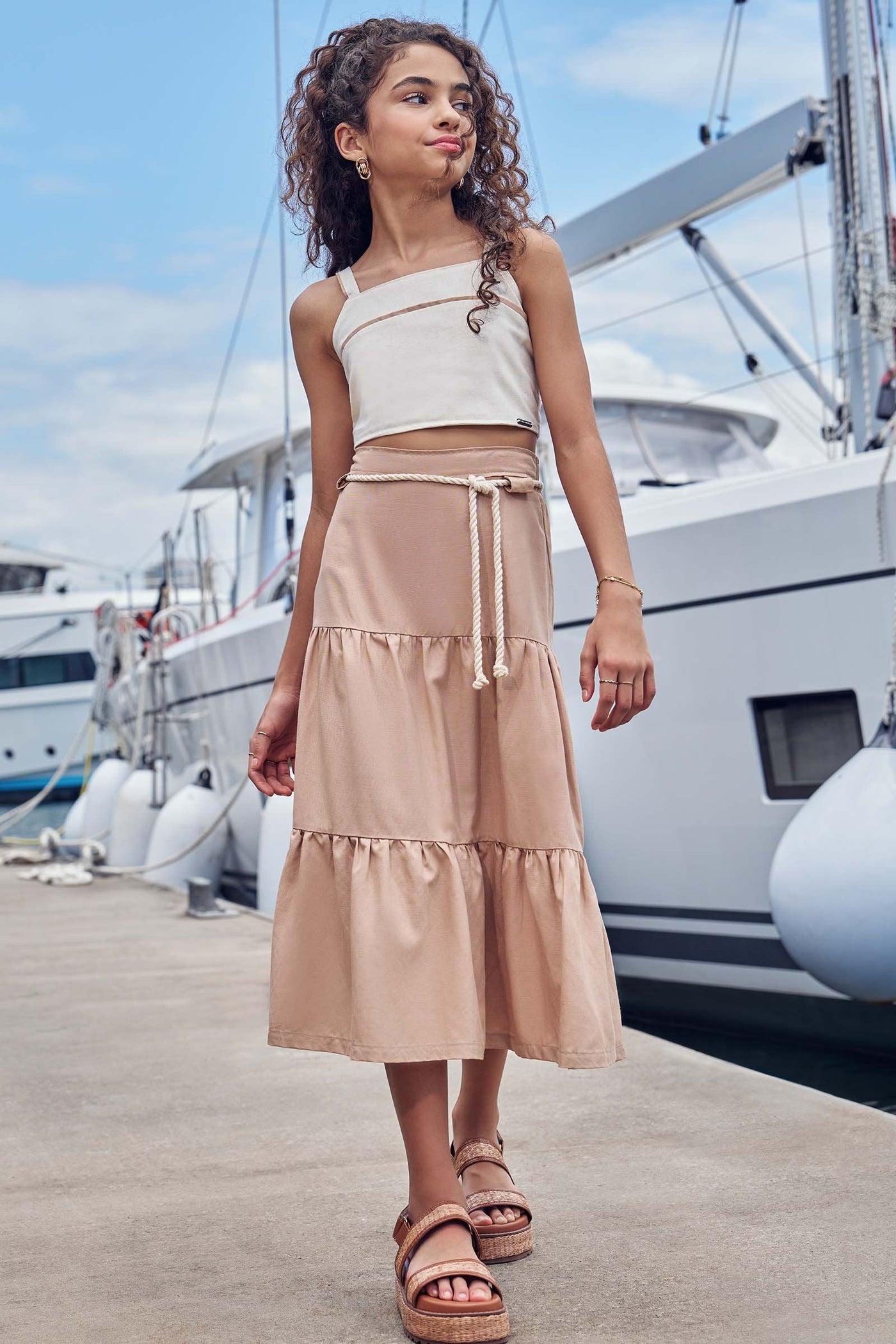 Conjunto de Top Cropped e Saia New Midi em Linho Santorine 84932 Vic&Vicky Teen Menina