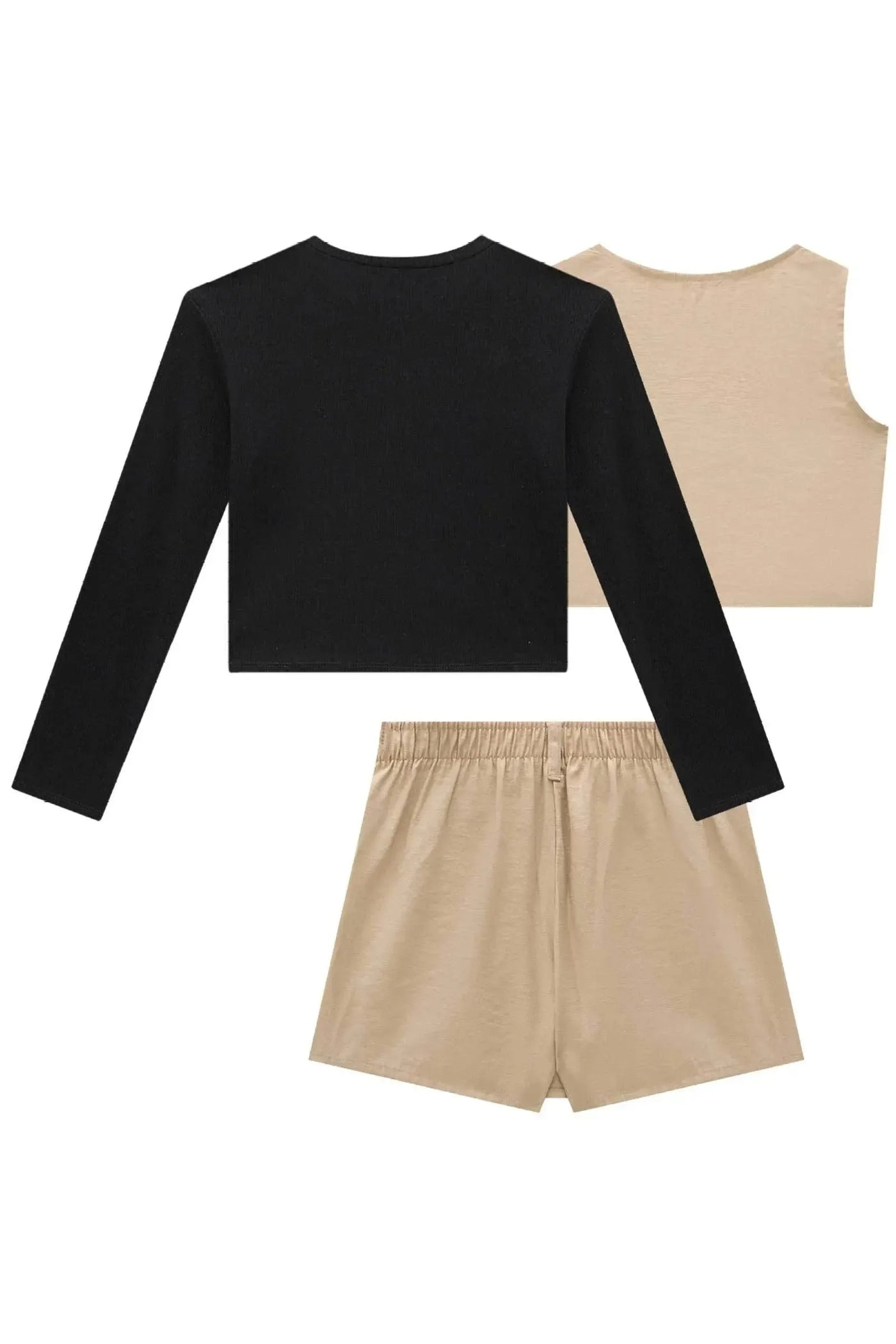 Trio de Blusa Boxy em Canelado Liz Colete e Short Saia em
